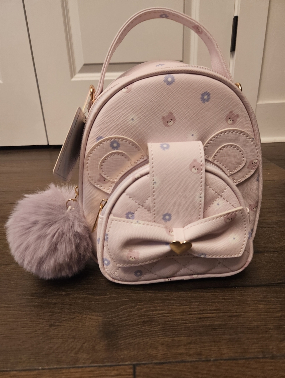 NWT Pink Mini Bow Backpack Purse with Pom Pom Accent